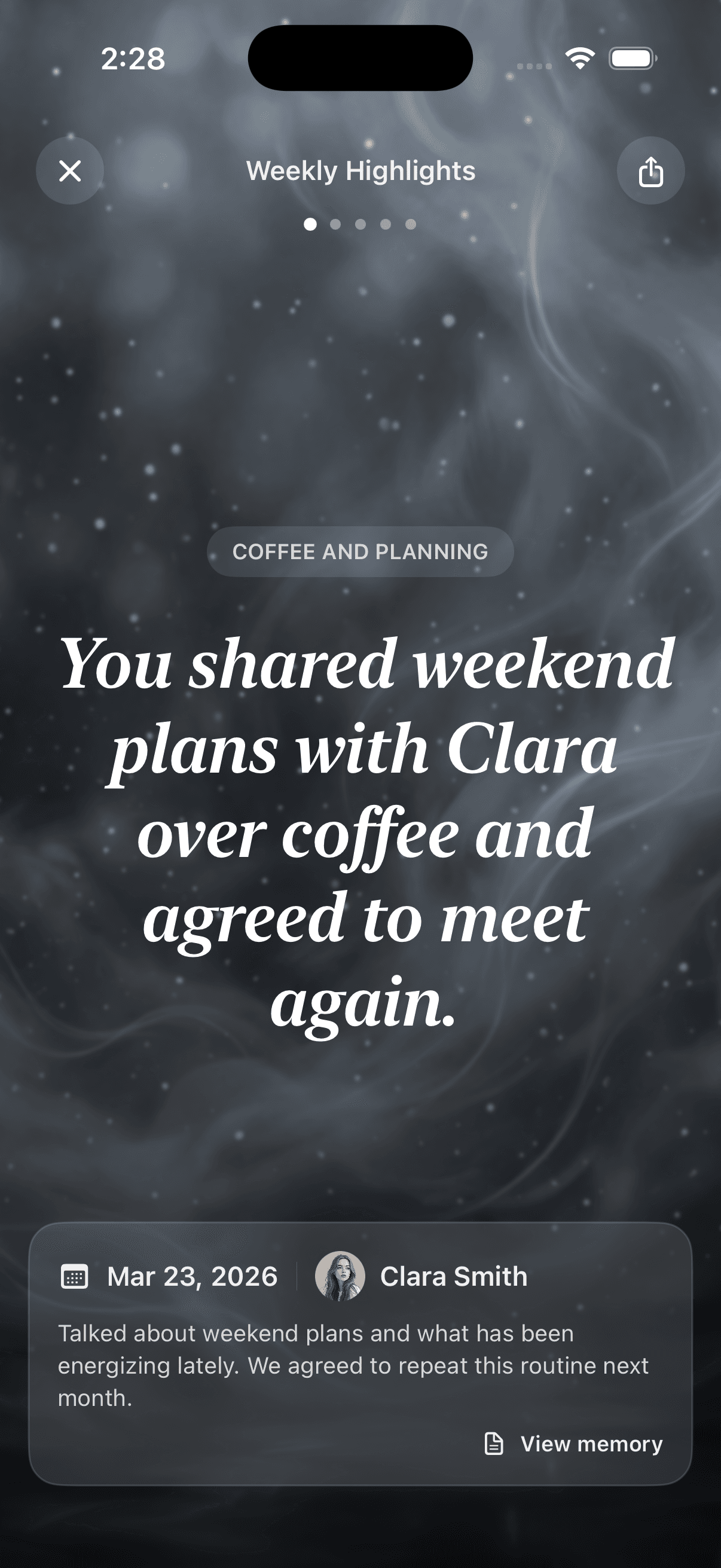 Weekly Highlights recap: coffee and planning with Clara Smith.